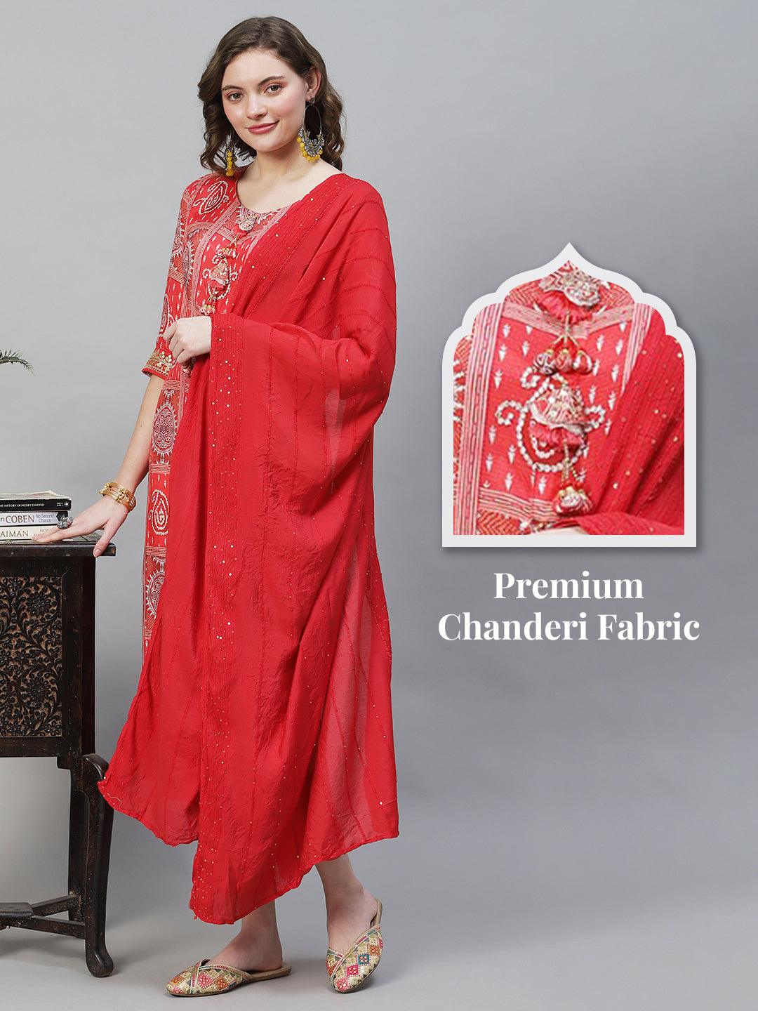 Ethnic Printed & Embroidered Kurta with Pants & Dupatta - Red - Indiakreations