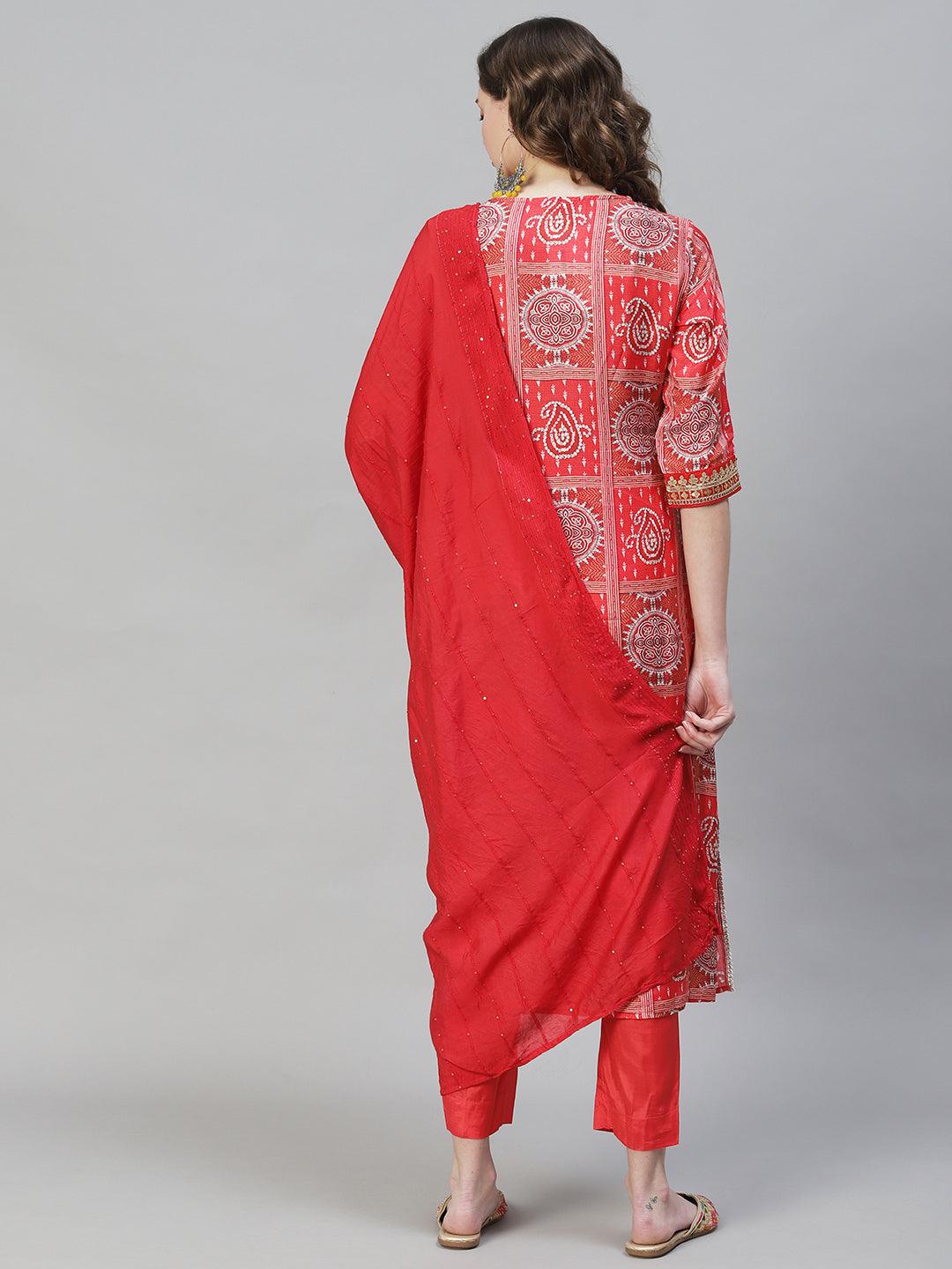 Ethnic Printed & Embroidered Kurta with Pants & Dupatta - Red - Indiakreations