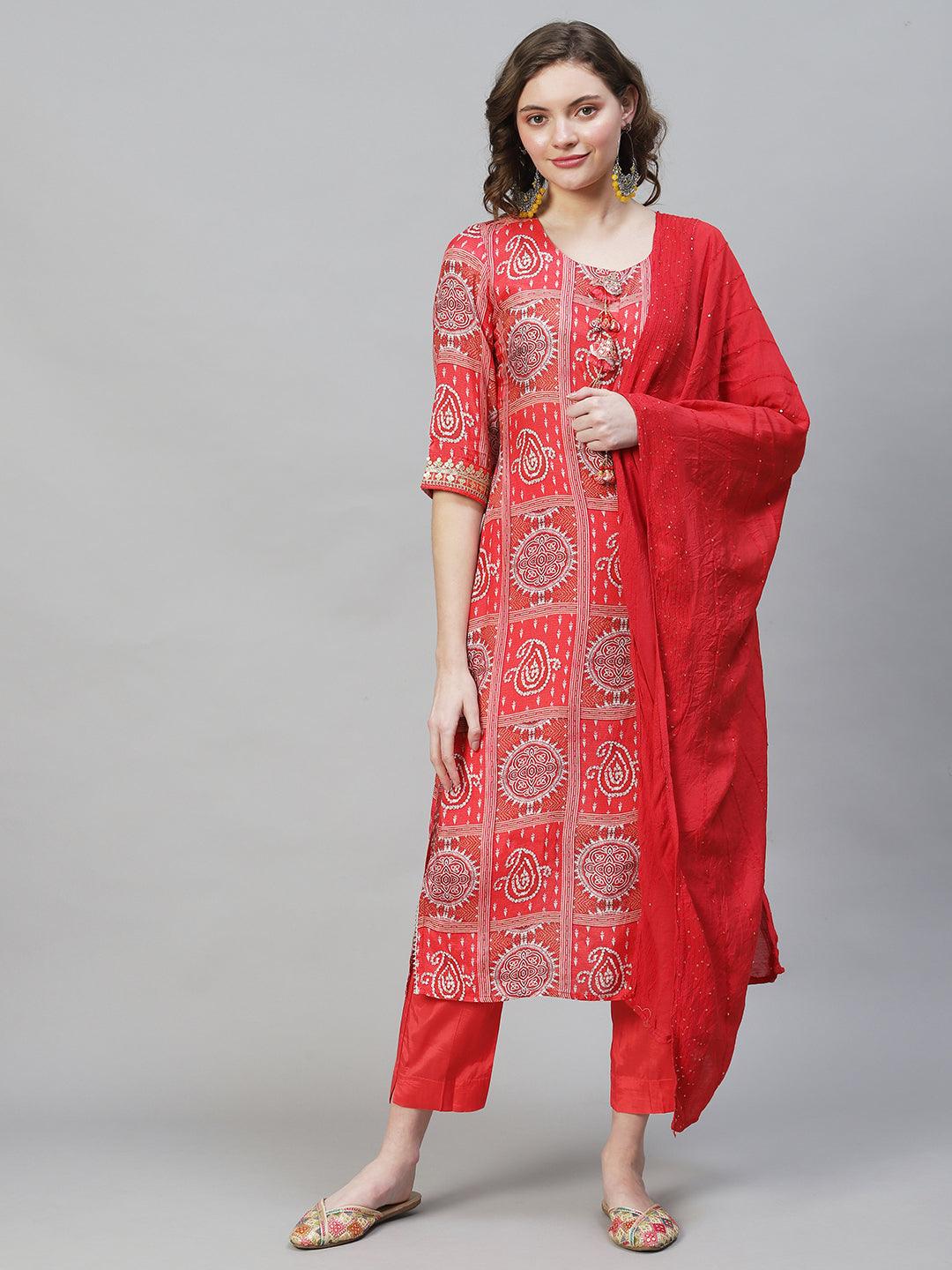 Ethnic Printed & Embroidered Kurta with Pants & Dupatta - Red - Indiakreations