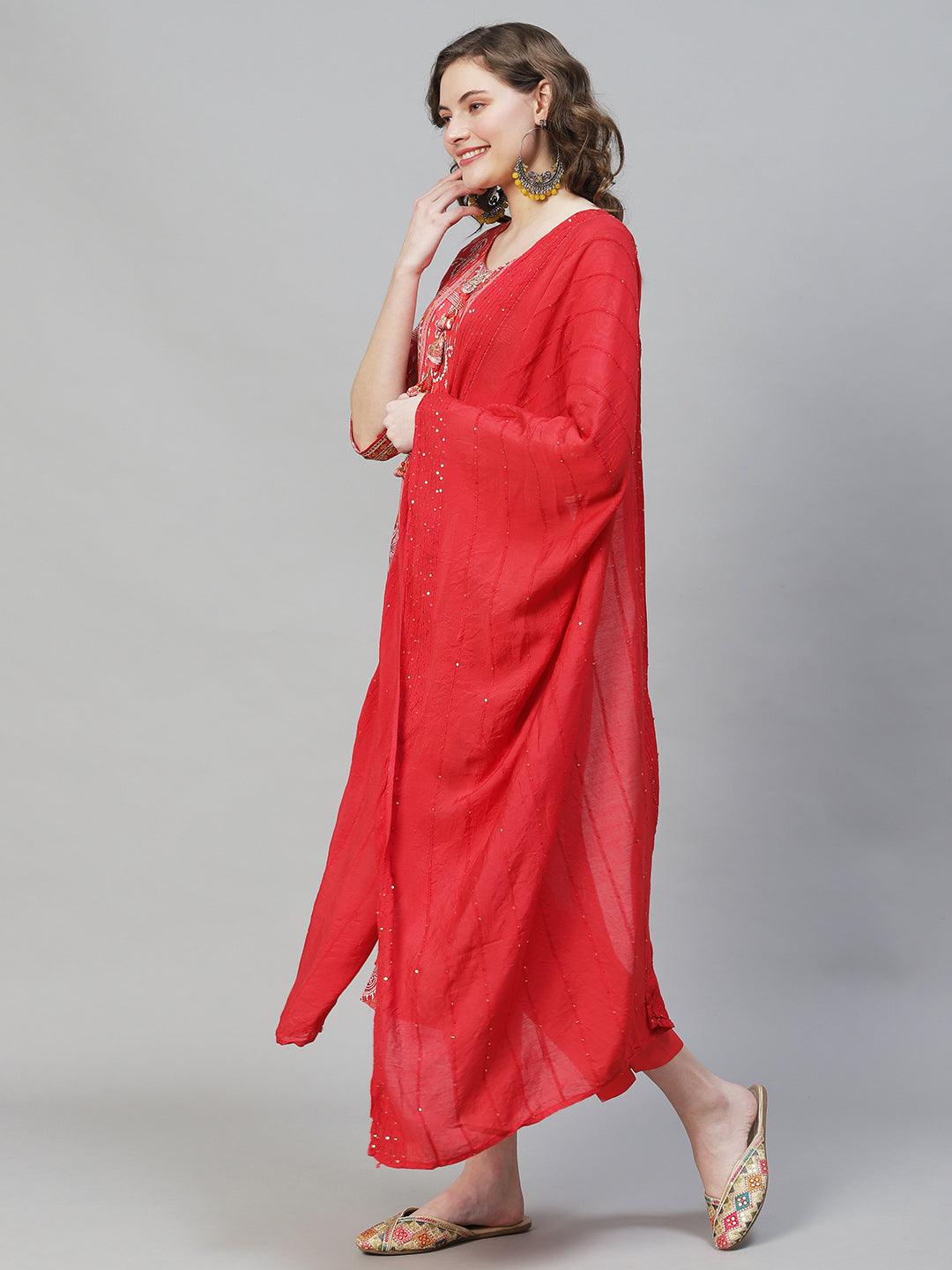 Ethnic Printed & Embroidered Kurta with Pants & Dupatta - Red - Indiakreations