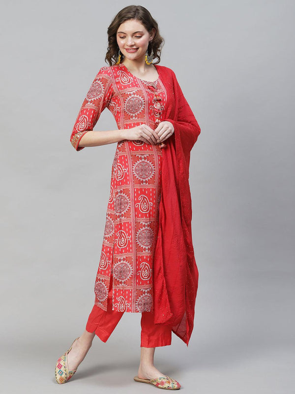 Ethnic Printed & Embroidered Kurta with Pants & Dupatta - Red - Indiakreations