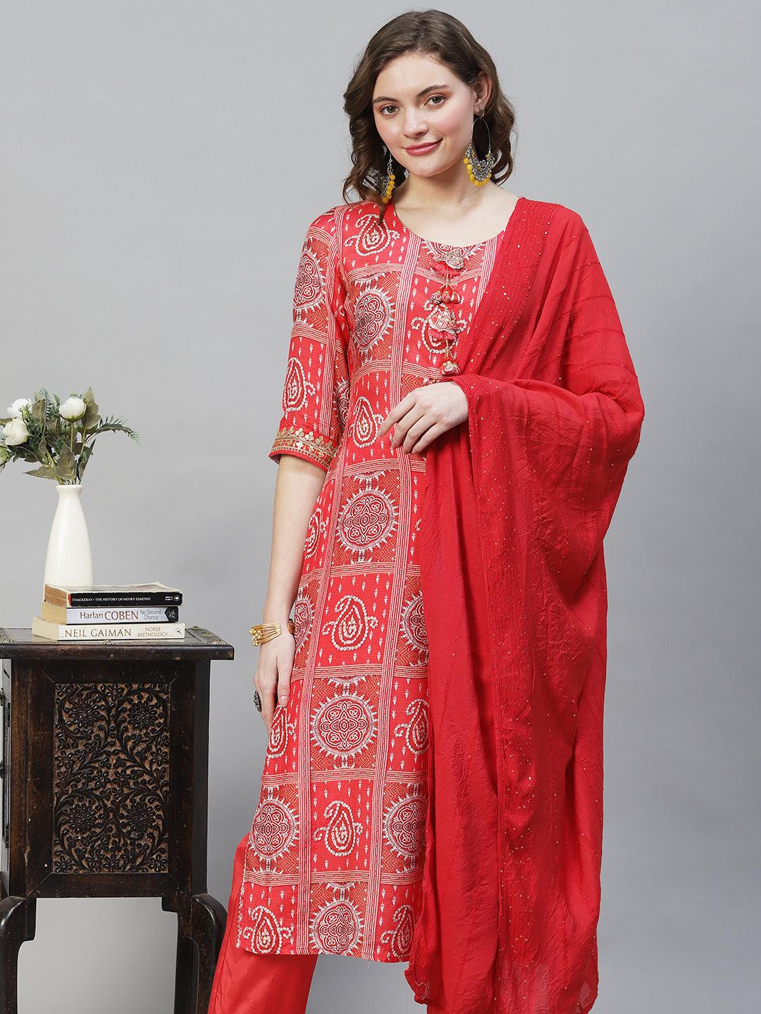 Ethnic Printed & Embroidered Kurta with Pants & Dupatta - Red - Indiakreations