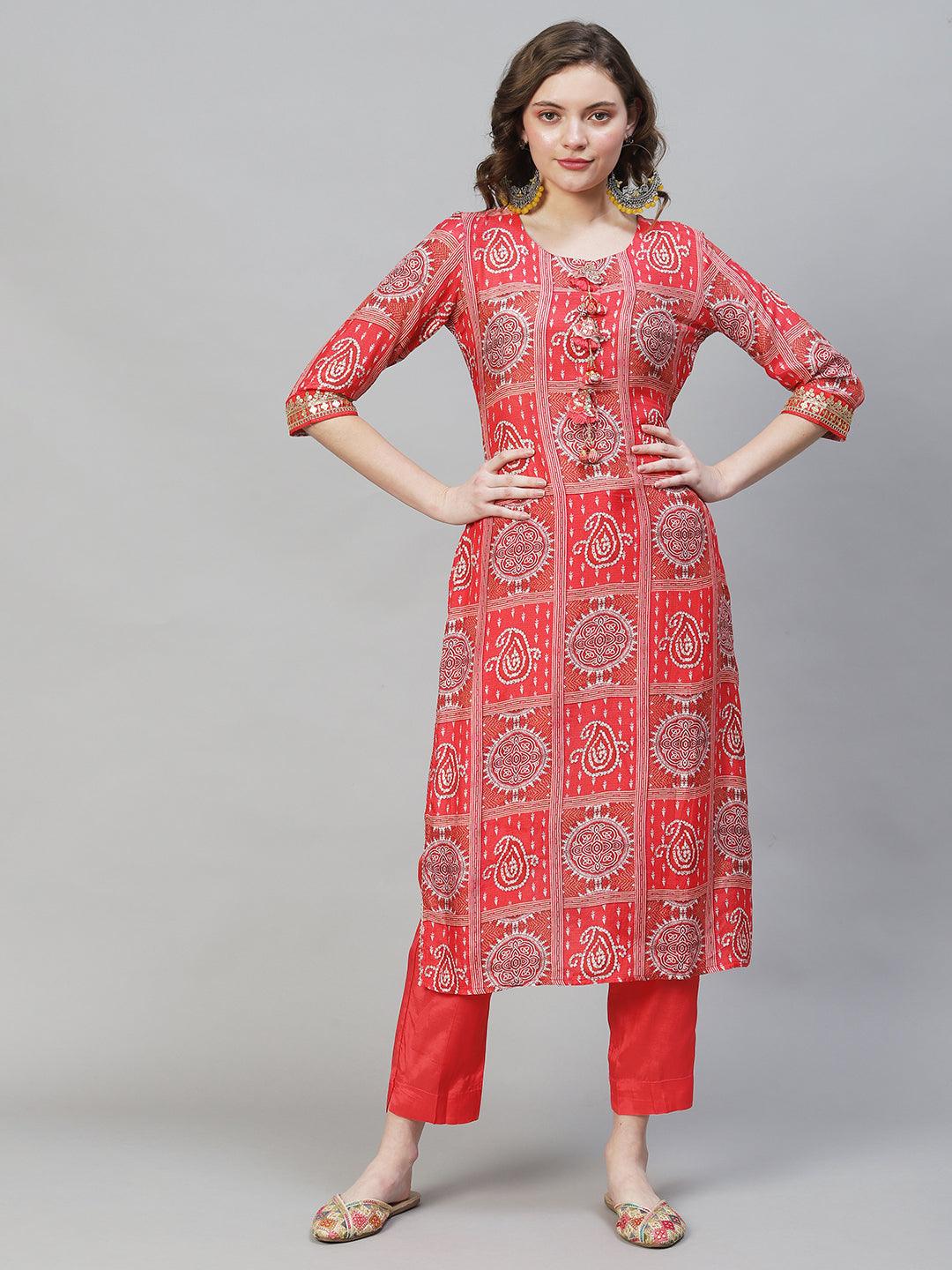 Ethnic Printed & Embroidered Kurta with Pants & Dupatta - Red - Indiakreations