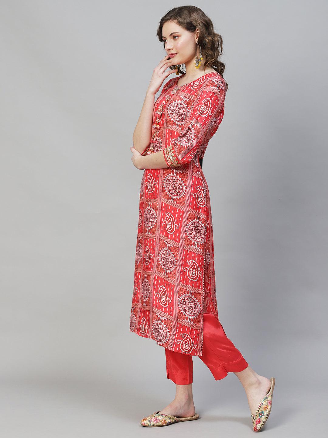 Ethnic Printed & Embroidered Kurta with Pants & Dupatta - Red - Indiakreations