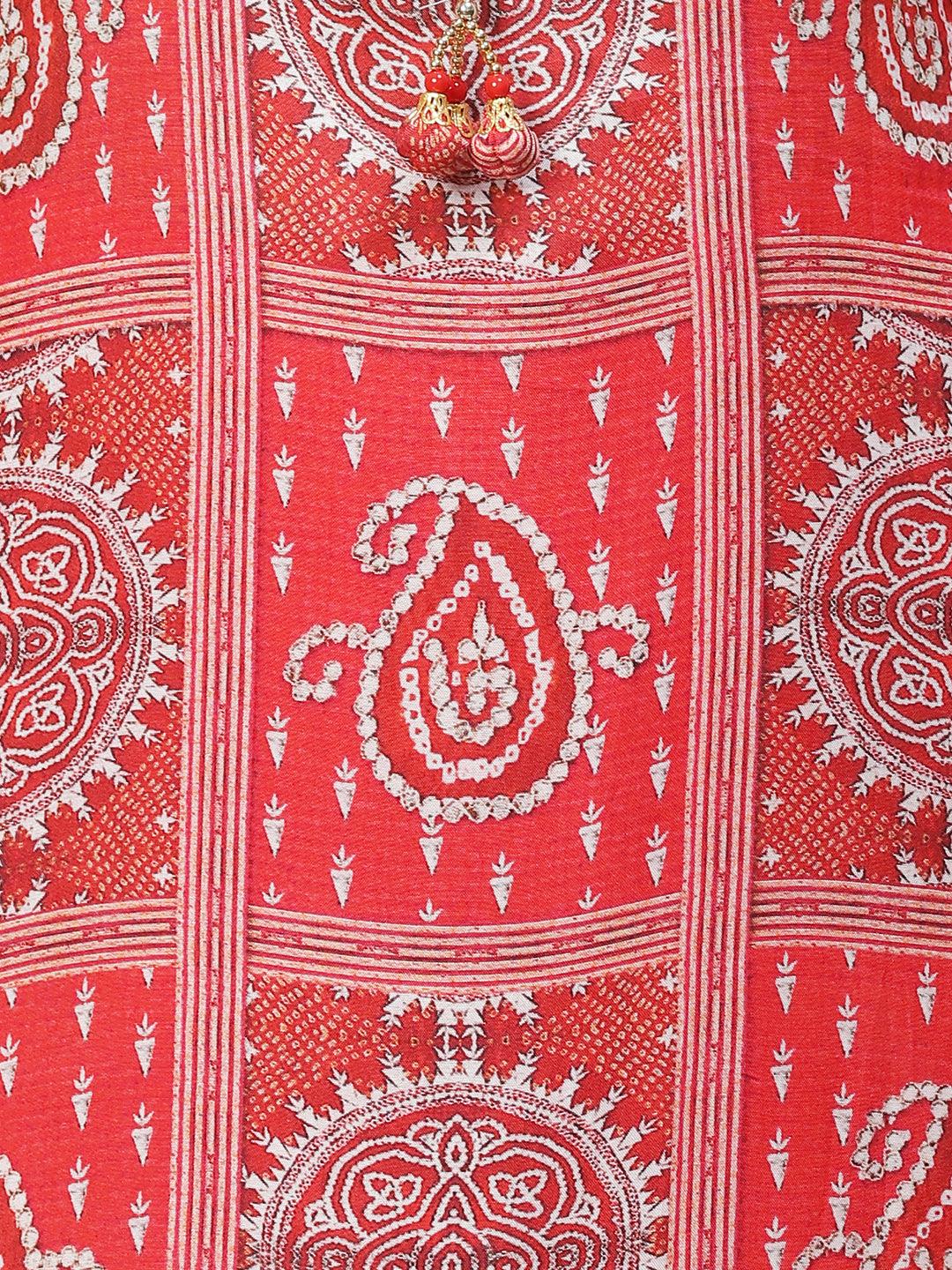 Ethnic Printed & Embroidered Kurta with Pants & Dupatta - Red - Indiakreations