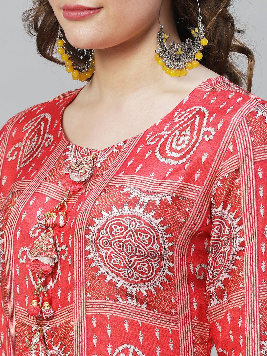 Ethnic Printed & Embroidered Kurta with Pants & Dupatta - Red - Indiakreations