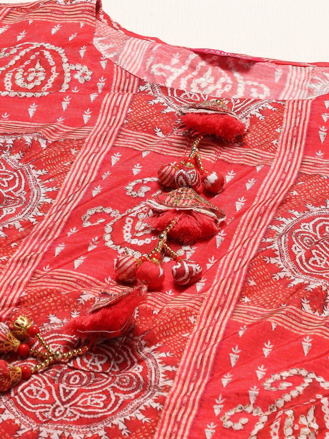 Ethnic Printed & Embroidered Kurta with Pants & Dupatta - Red - Indiakreations