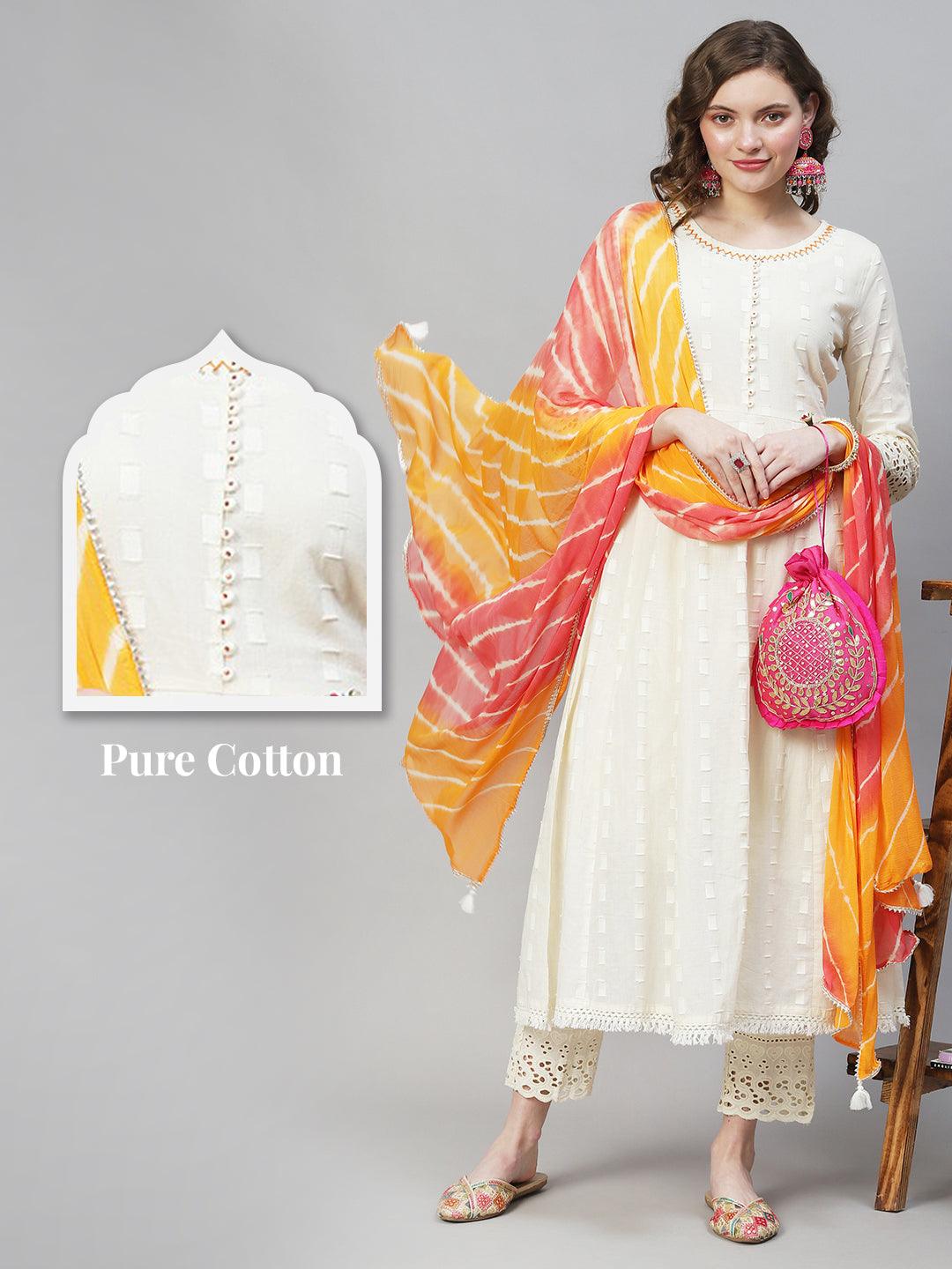 Ethnic Woven Anarkali Kurta with Pants & Dupatta - Off White - Indiakreations