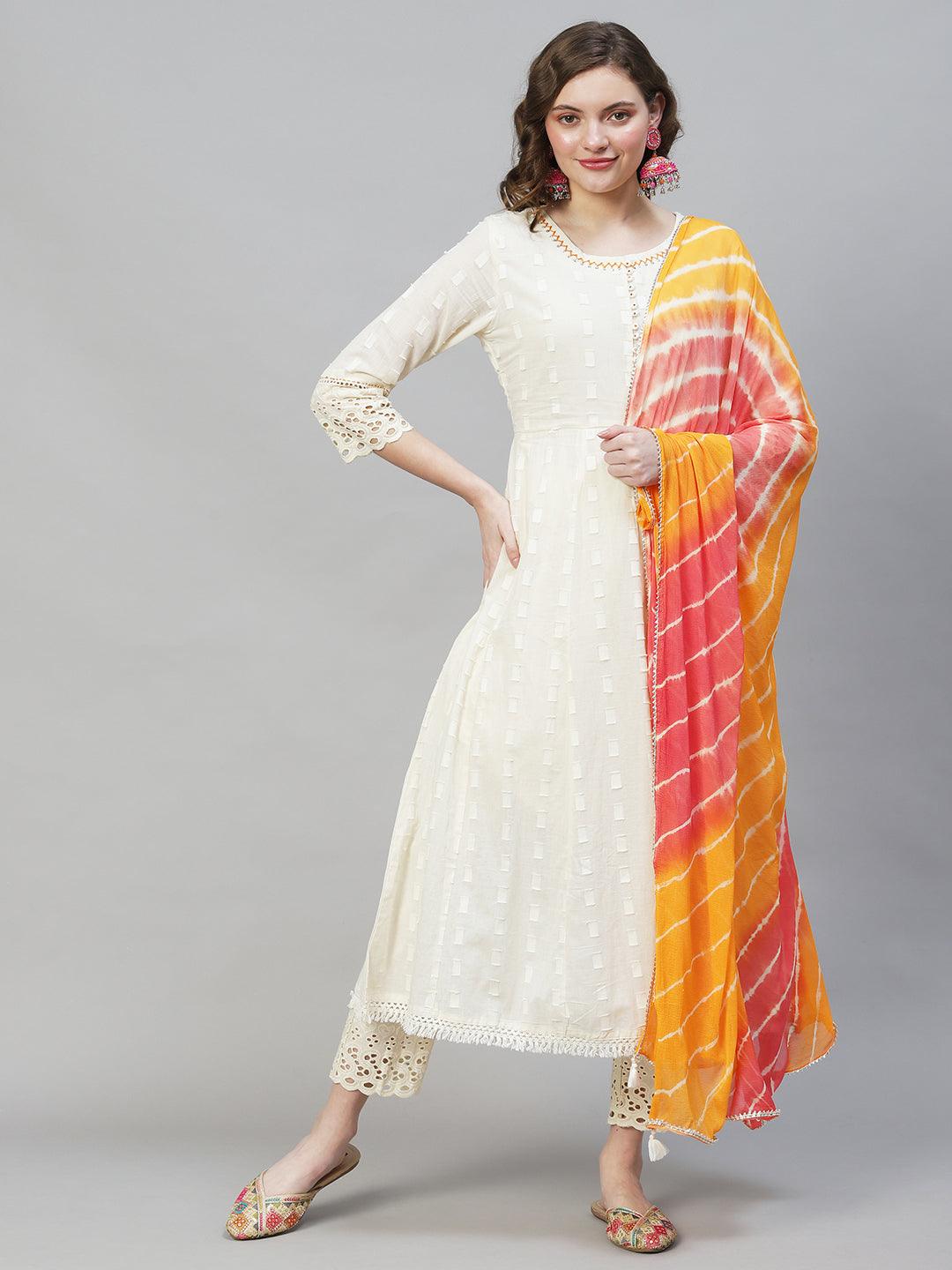 Ethnic Woven Anarkali Kurta with Pants & Dupatta - Off White - Indiakreations