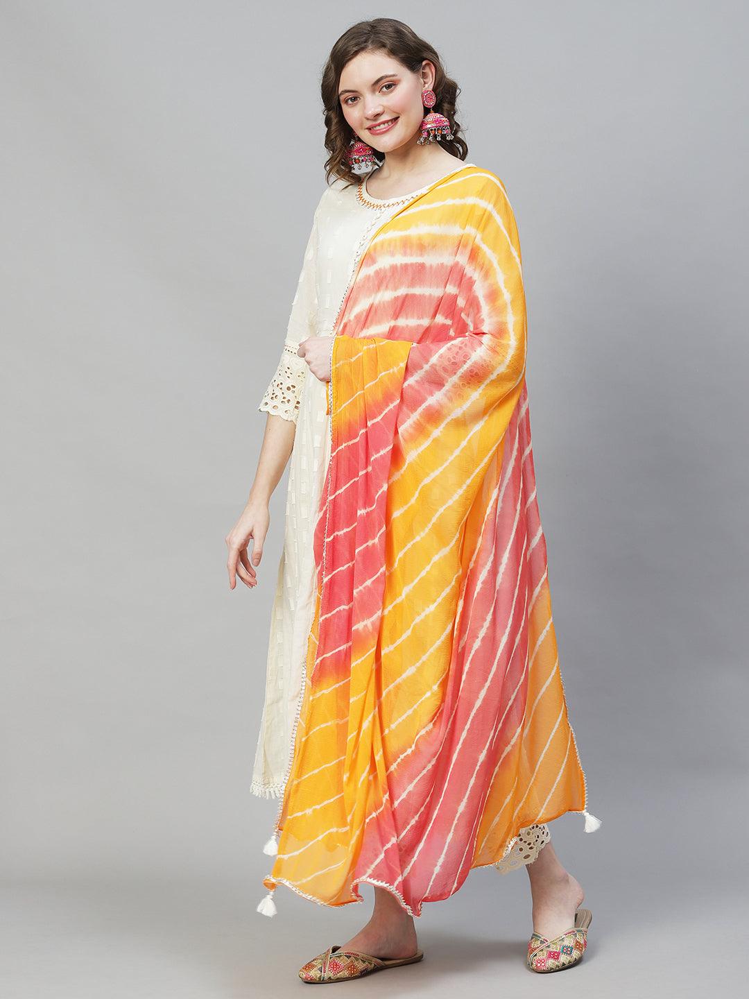 Ethnic Woven Anarkali Kurta with Pants & Dupatta - Off White - Indiakreations