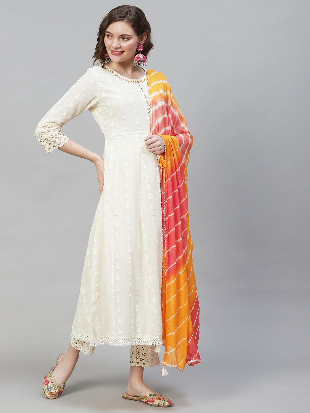 Ethnic Woven Anarkali Kurta with Pants & Dupatta - Off White - Indiakreations