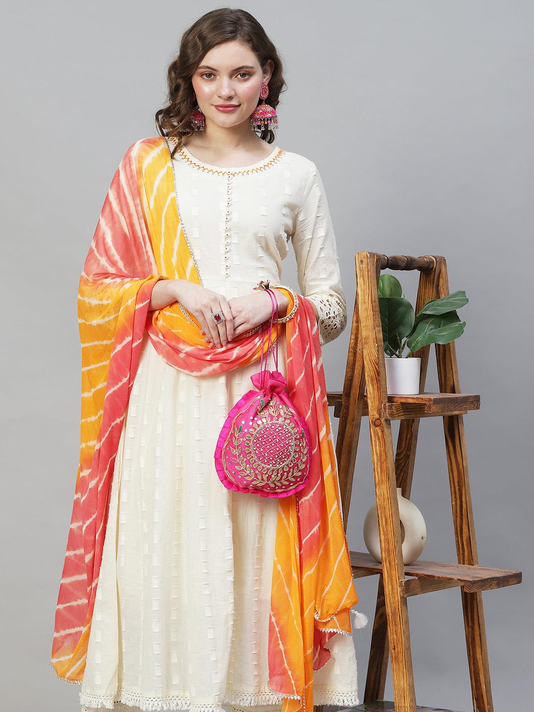 Ethnic Woven Anarkali Kurta with Pants & Dupatta - Off White - Indiakreations