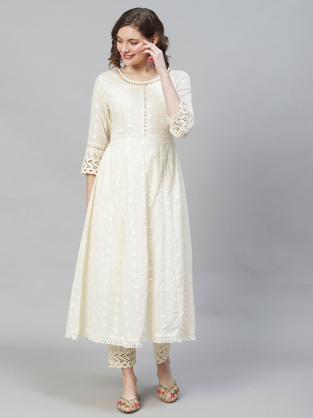 Ethnic Woven Anarkali Kurta with Pants & Dupatta - Off White - Indiakreations