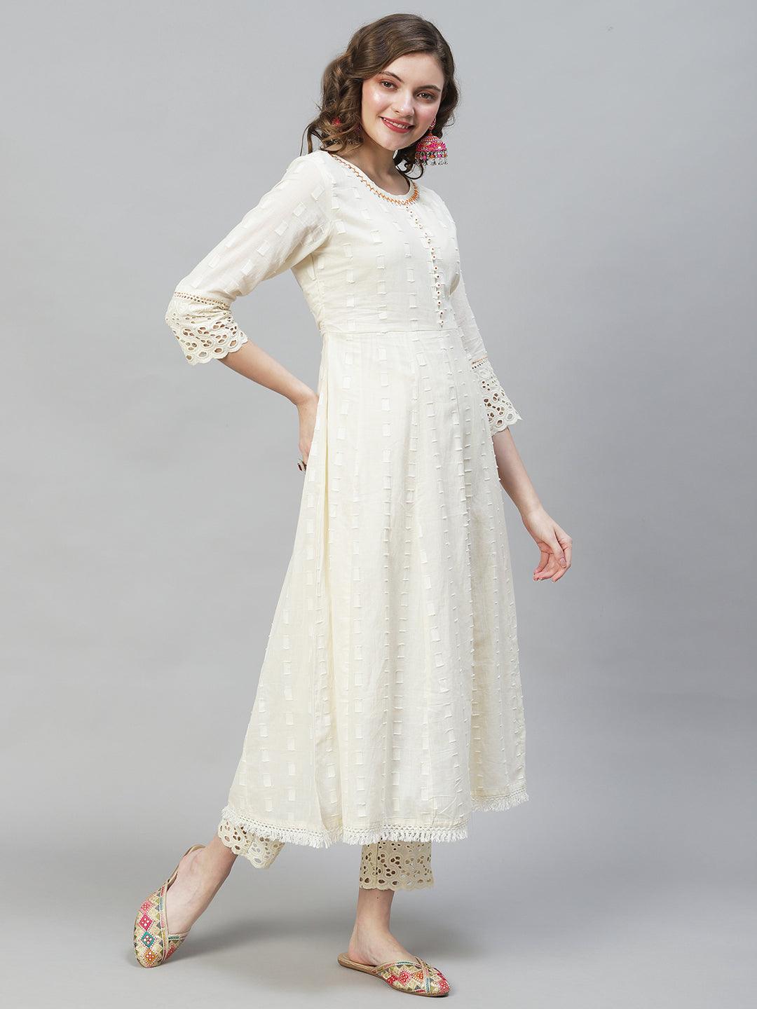 Ethnic Woven Anarkali Kurta with Pants & Dupatta - Off White - Indiakreations