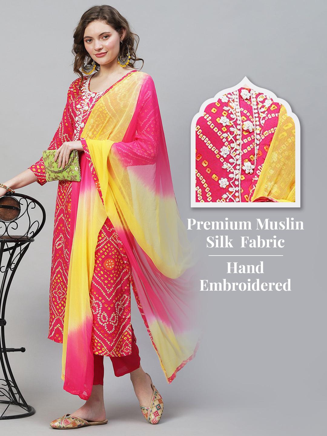 Bandhani Printed & Hand Embroidered Kurta with Pants & Dupatta - Hot Pink - Indiakreations