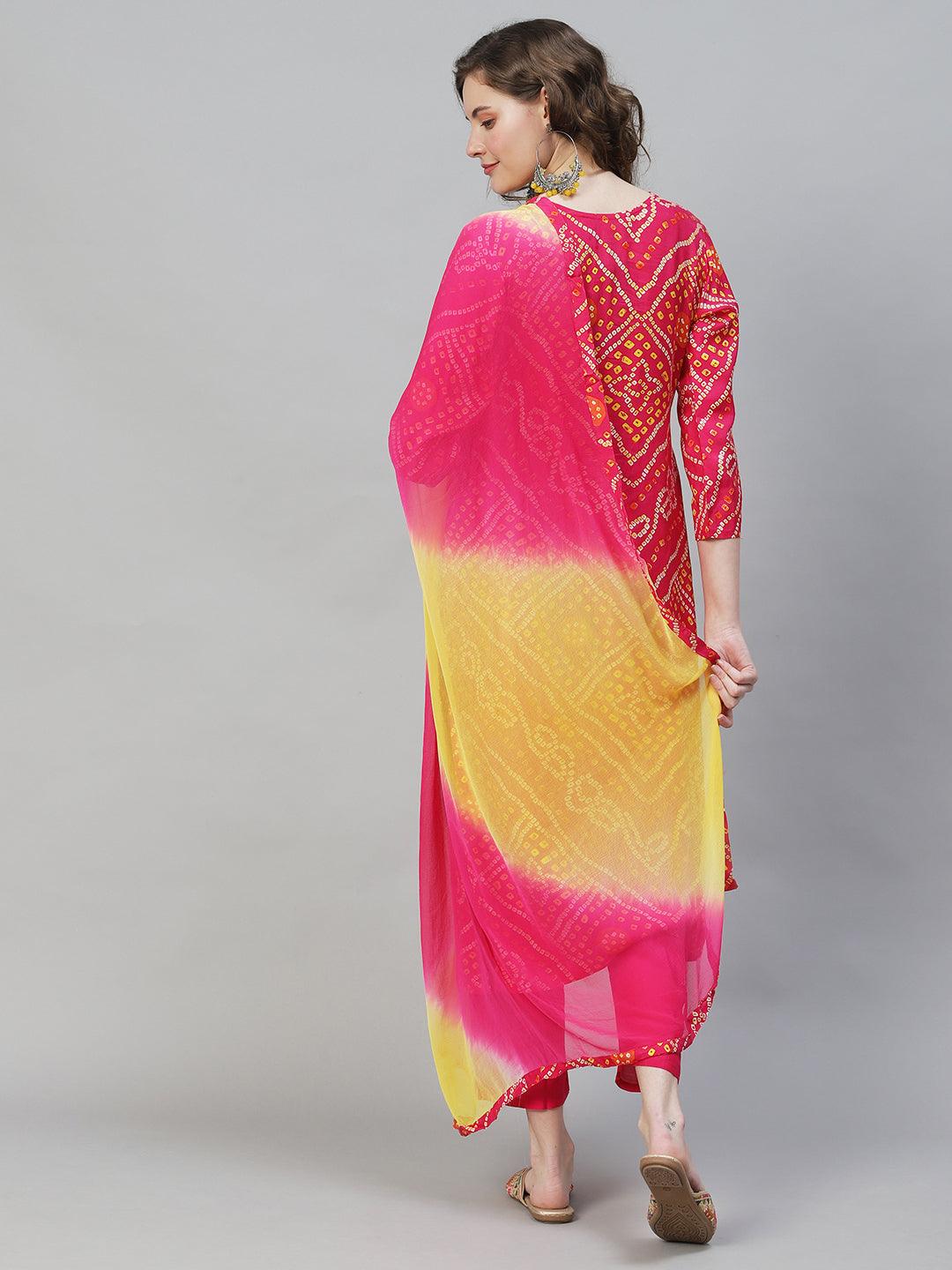 Bandhani Printed & Hand Embroidered Kurta with Pants & Dupatta - Hot Pink - Indiakreations