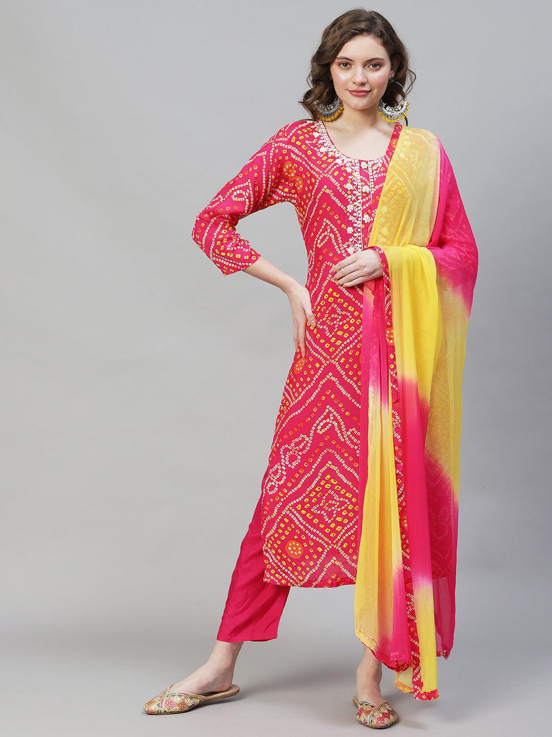 Bandhani Printed & Hand Embroidered Kurta with Pants & Dupatta - Hot Pink - Indiakreations