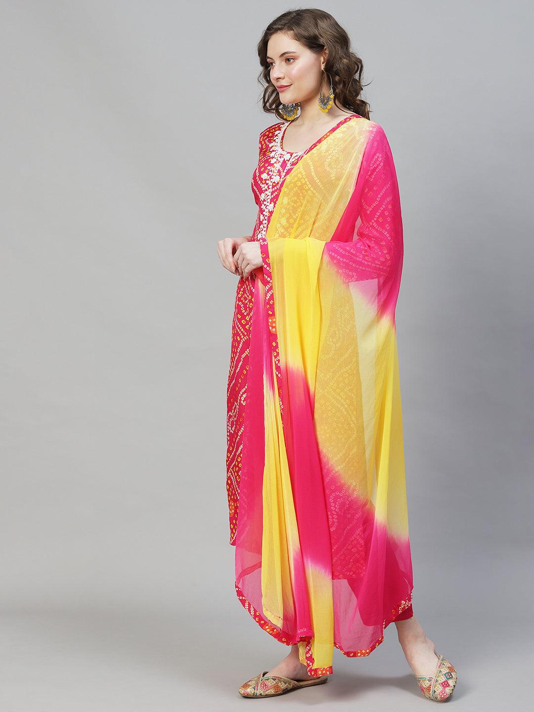 Bandhani Printed & Hand Embroidered Kurta with Pants & Dupatta - Hot Pink - Indiakreations