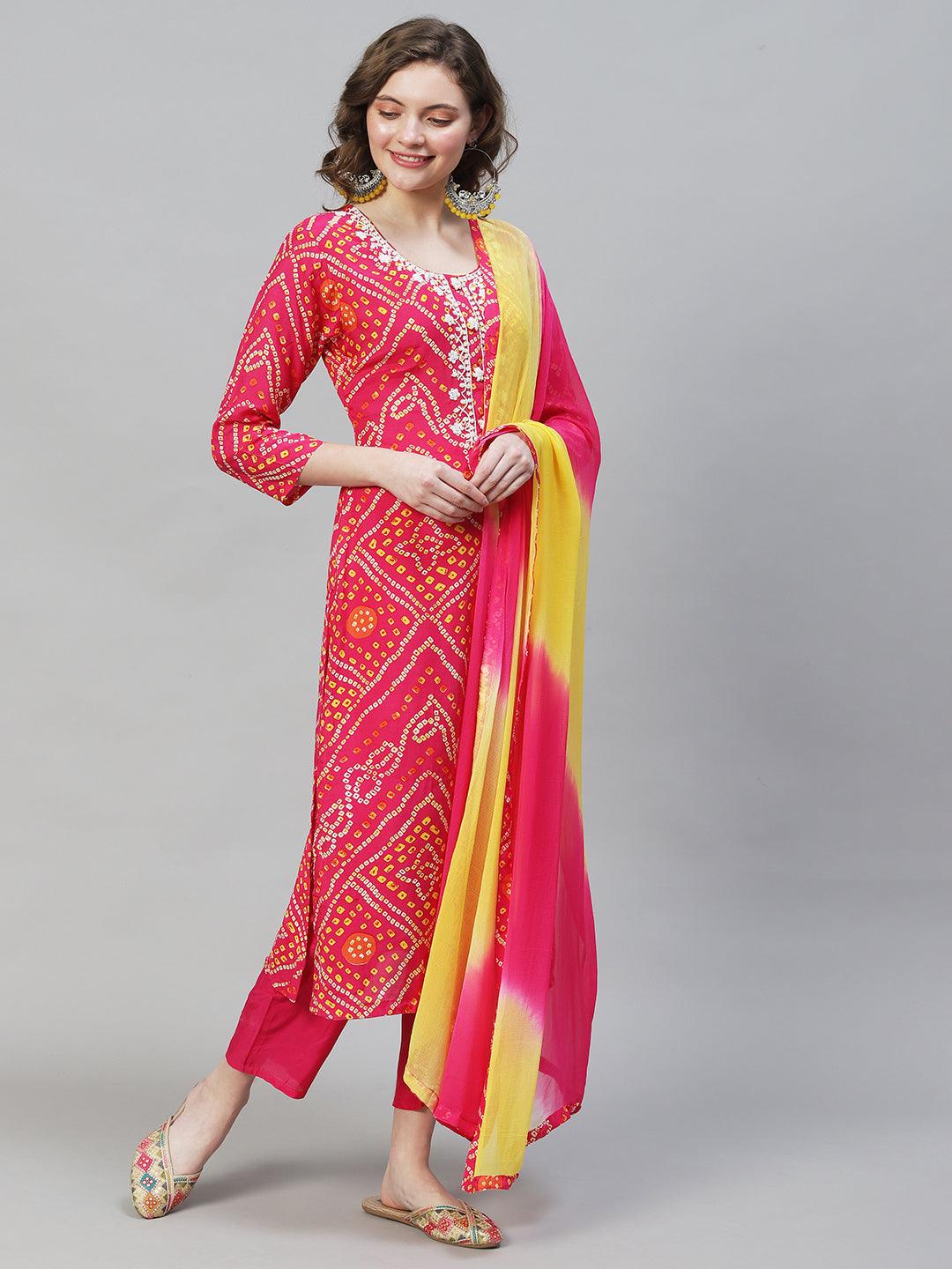 Bandhani Printed & Hand Embroidered Kurta with Pants & Dupatta - Hot Pink - Indiakreations