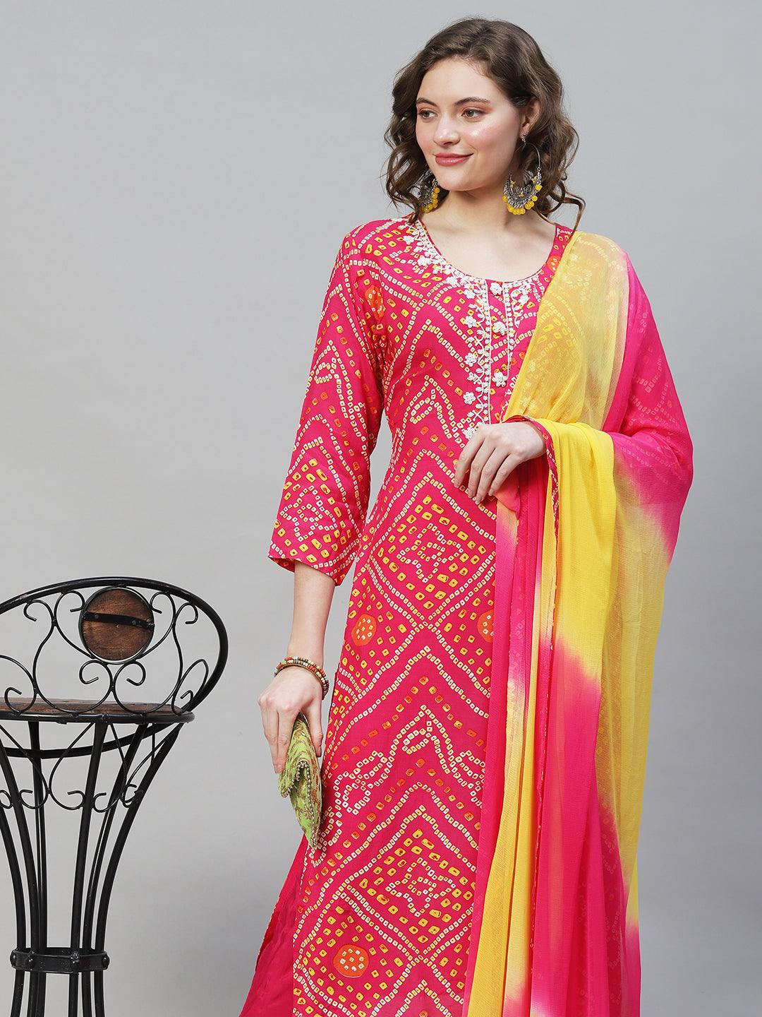 Bandhani Printed & Hand Embroidered Kurta with Pants & Dupatta - Hot Pink - Indiakreations