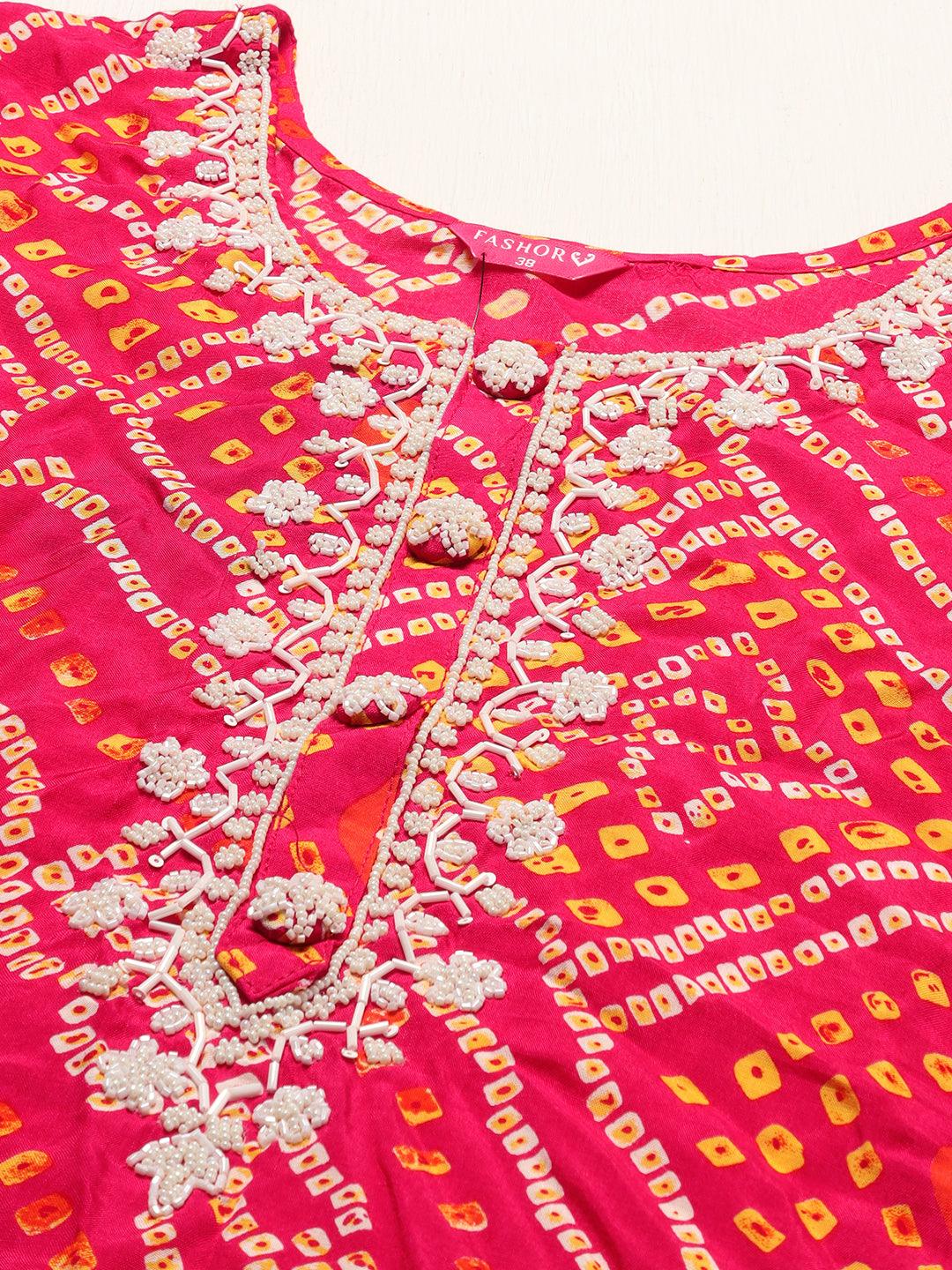 Bandhani Printed & Hand Embroidered Kurta with Pants & Dupatta - Hot Pink - Indiakreations