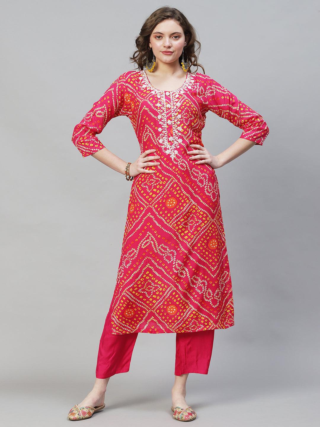 Bandhani Printed & Hand Embroidered Kurta with Pants & Dupatta - Hot Pink - Indiakreations