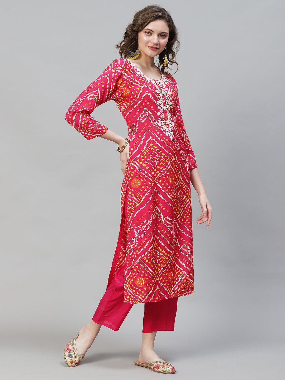 Bandhani Printed & Hand Embroidered Kurta with Pants & Dupatta - Hot Pink - Indiakreations