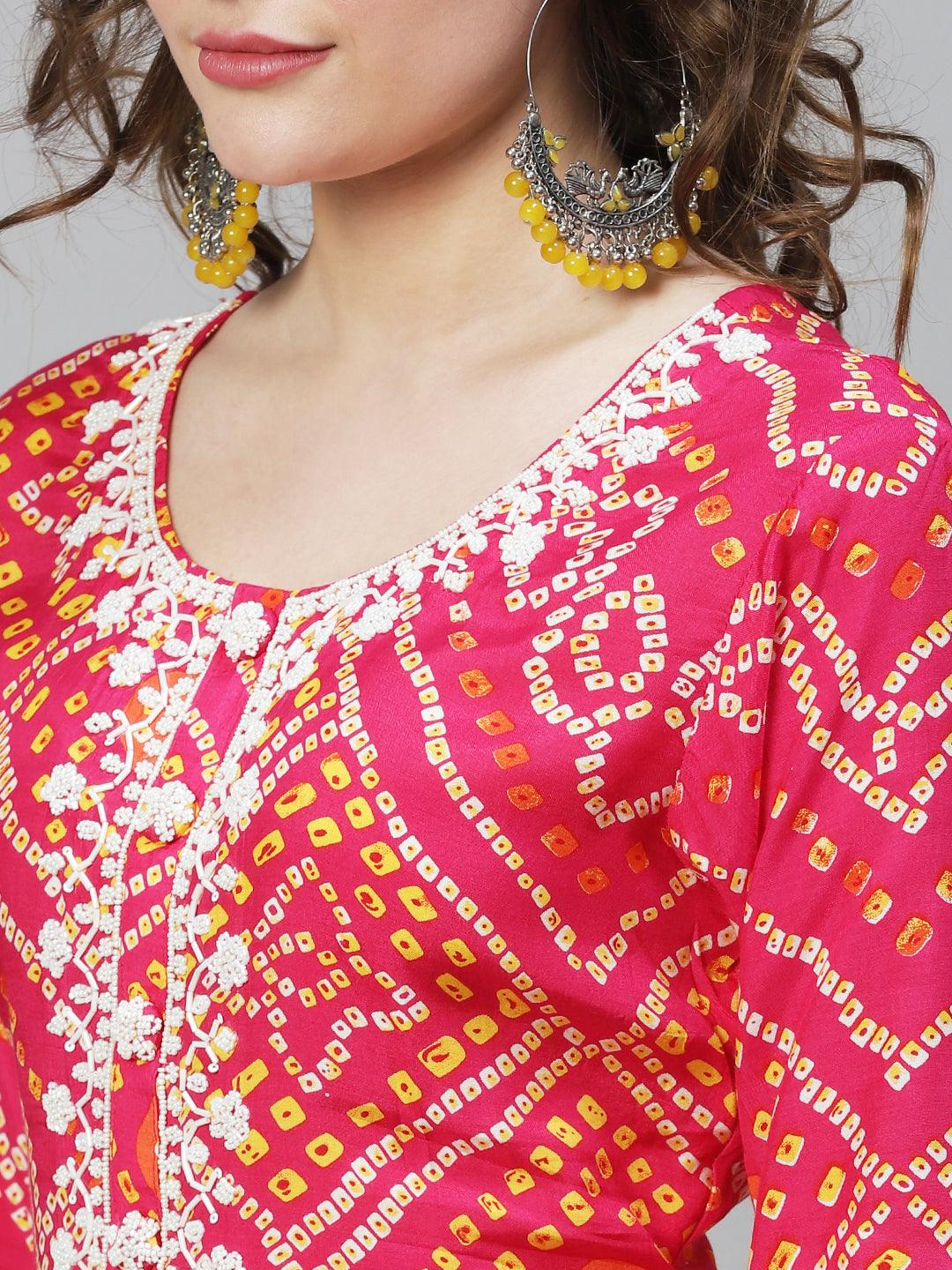 Bandhani Printed & Hand Embroidered Kurta with Pants & Dupatta - Hot Pink - Indiakreations