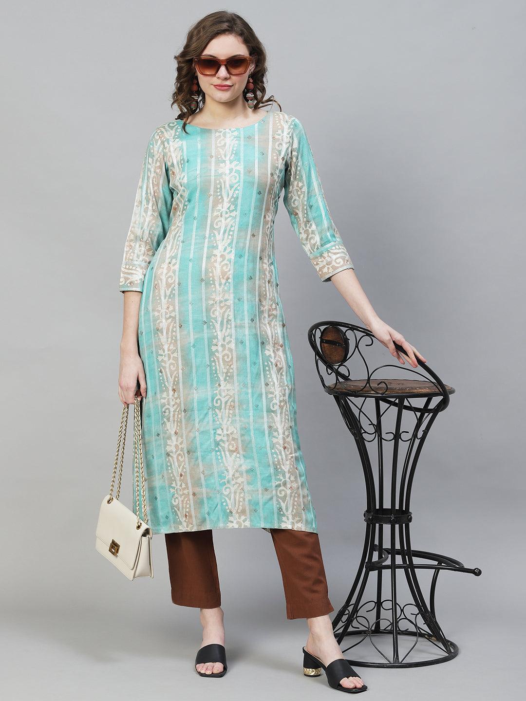 Ethnic Stripes Printed & Embroidered Straight Fit Kurta - Multi - Indiakreations