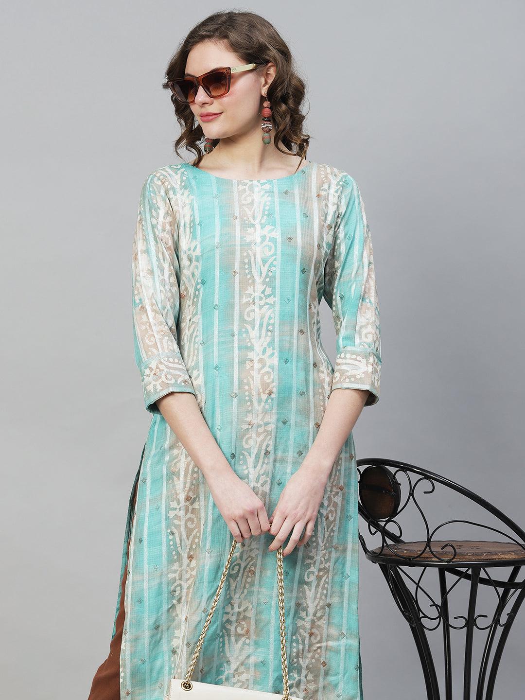 Ethnic Stripes Printed & Embroidered Straight Fit Kurta - Multi - Indiakreations