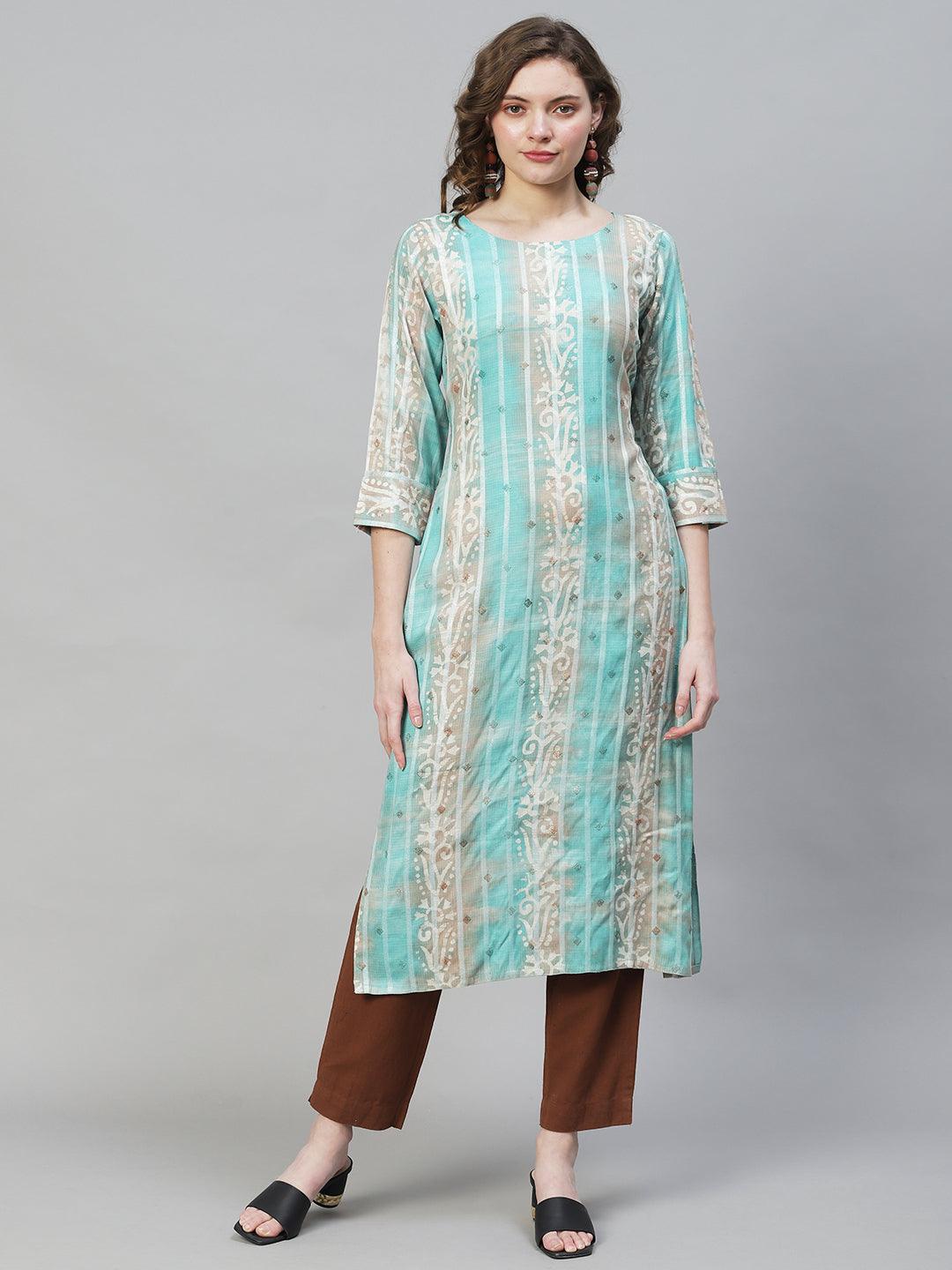 Ethnic Stripes Printed & Embroidered Straight Fit Kurta - Multi - Indiakreations