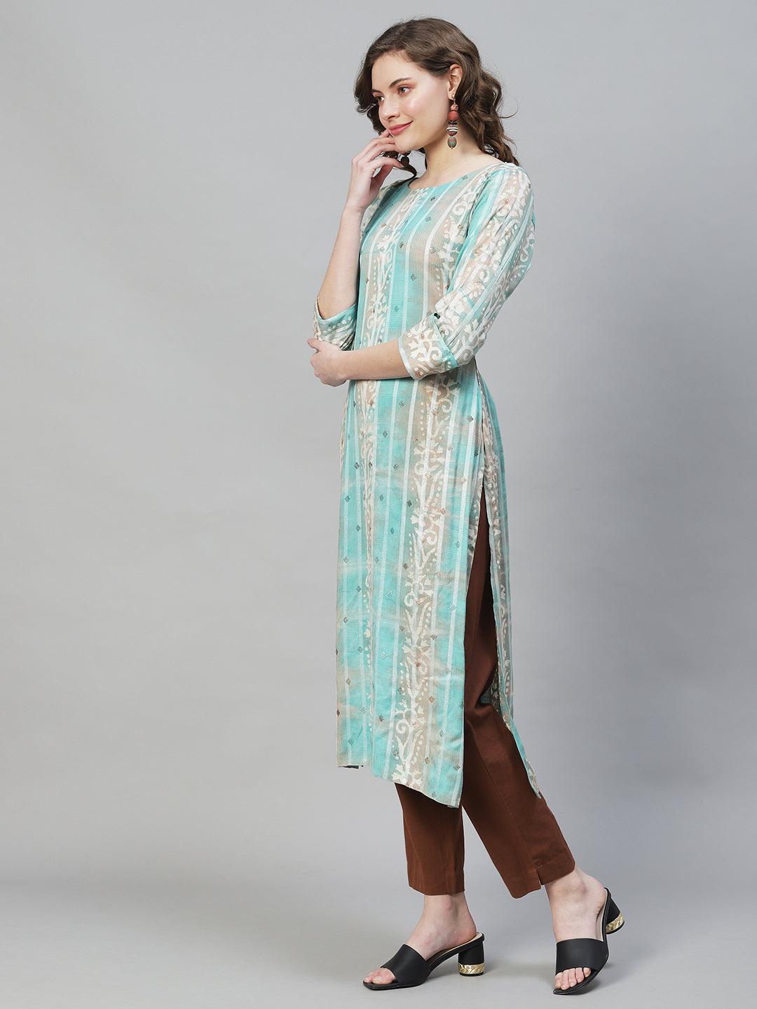 Ethnic Stripes Printed & Embroidered Straight Fit Kurta - Multi - Indiakreations