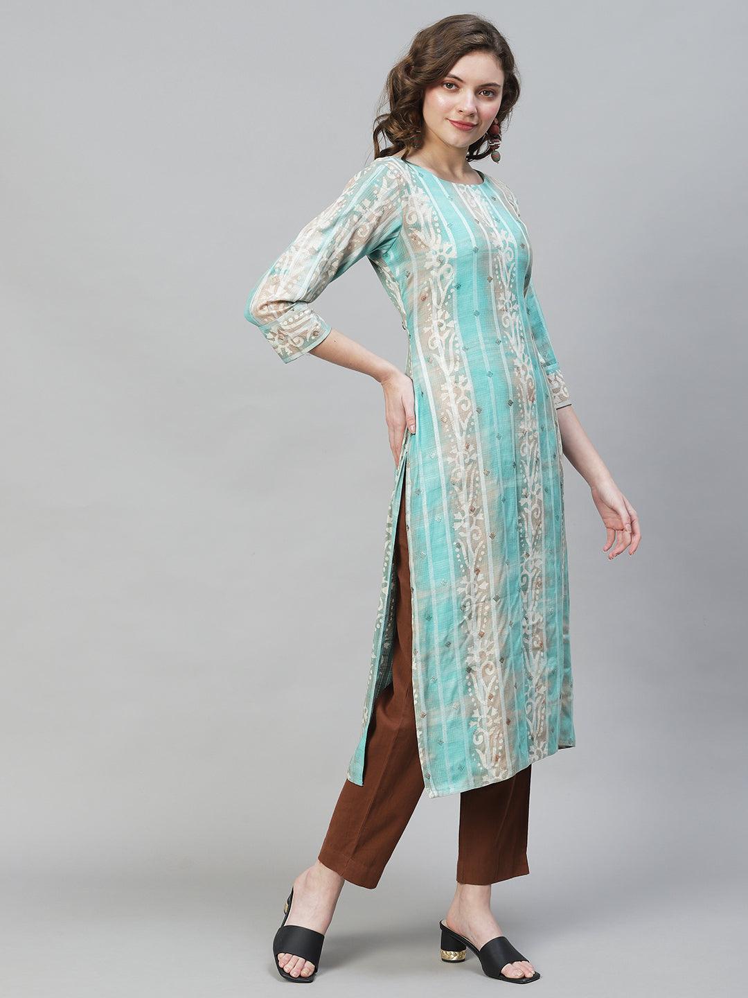 Ethnic Stripes Printed & Embroidered Straight Fit Kurta - Multi - Indiakreations