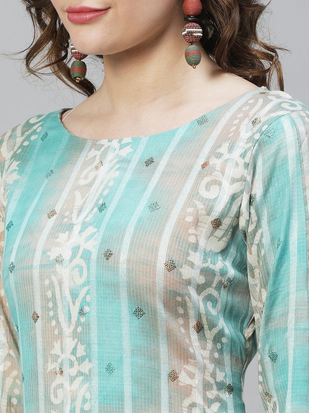 Ethnic Stripes Printed & Embroidered Straight Fit Kurta - Multi - Indiakreations