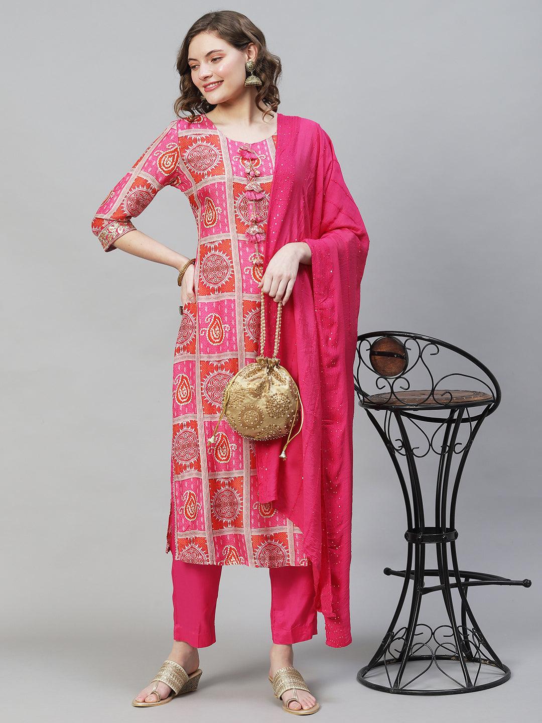 Ethnic Printed & Embroidered Kurta with Pants & Dupatta - Hot Pink - Indiakreations