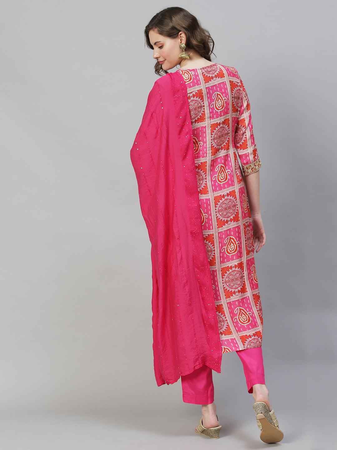 Ethnic Printed & Embroidered Kurta with Pants & Dupatta - Hot Pink - Indiakreations