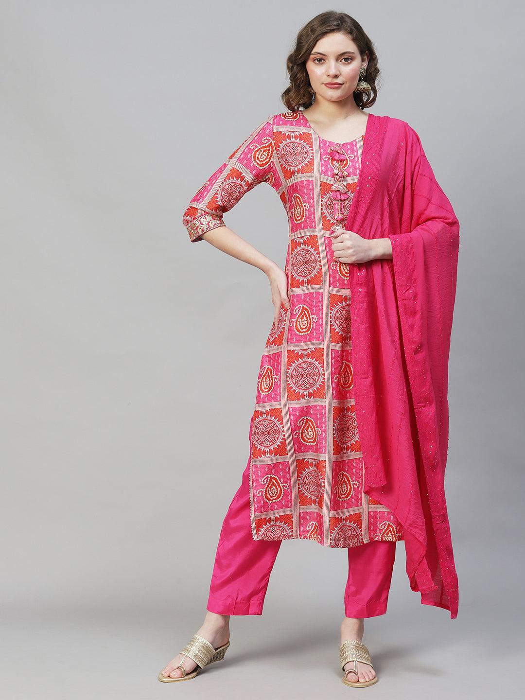 Ethnic Printed & Embroidered Kurta with Pants & Dupatta - Hot Pink - Indiakreations