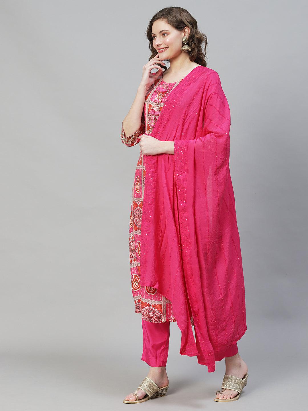 Ethnic Printed & Embroidered Kurta with Pants & Dupatta - Hot Pink - Indiakreations