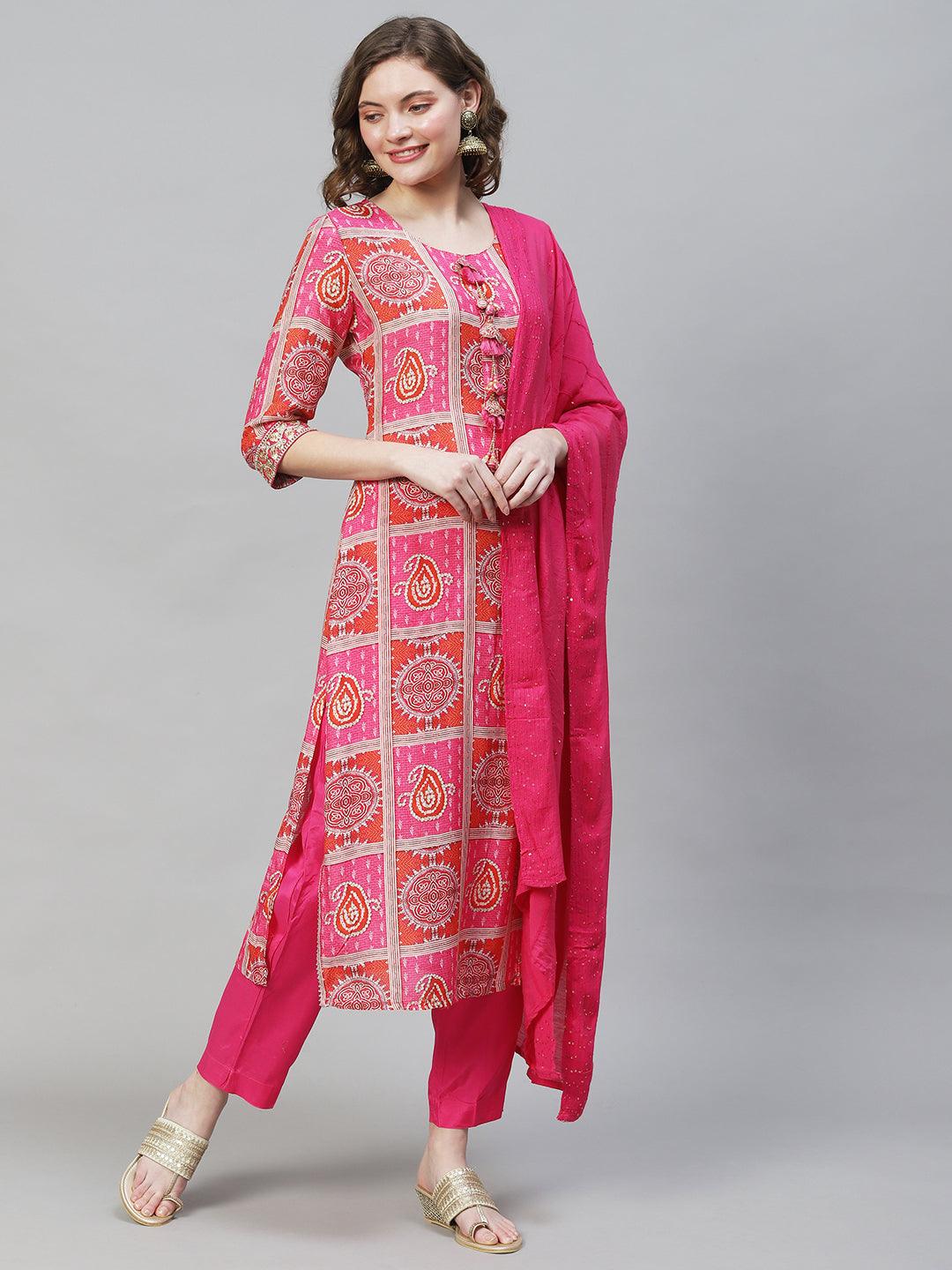 Ethnic Printed & Embroidered Kurta with Pants & Dupatta - Hot Pink - Indiakreations