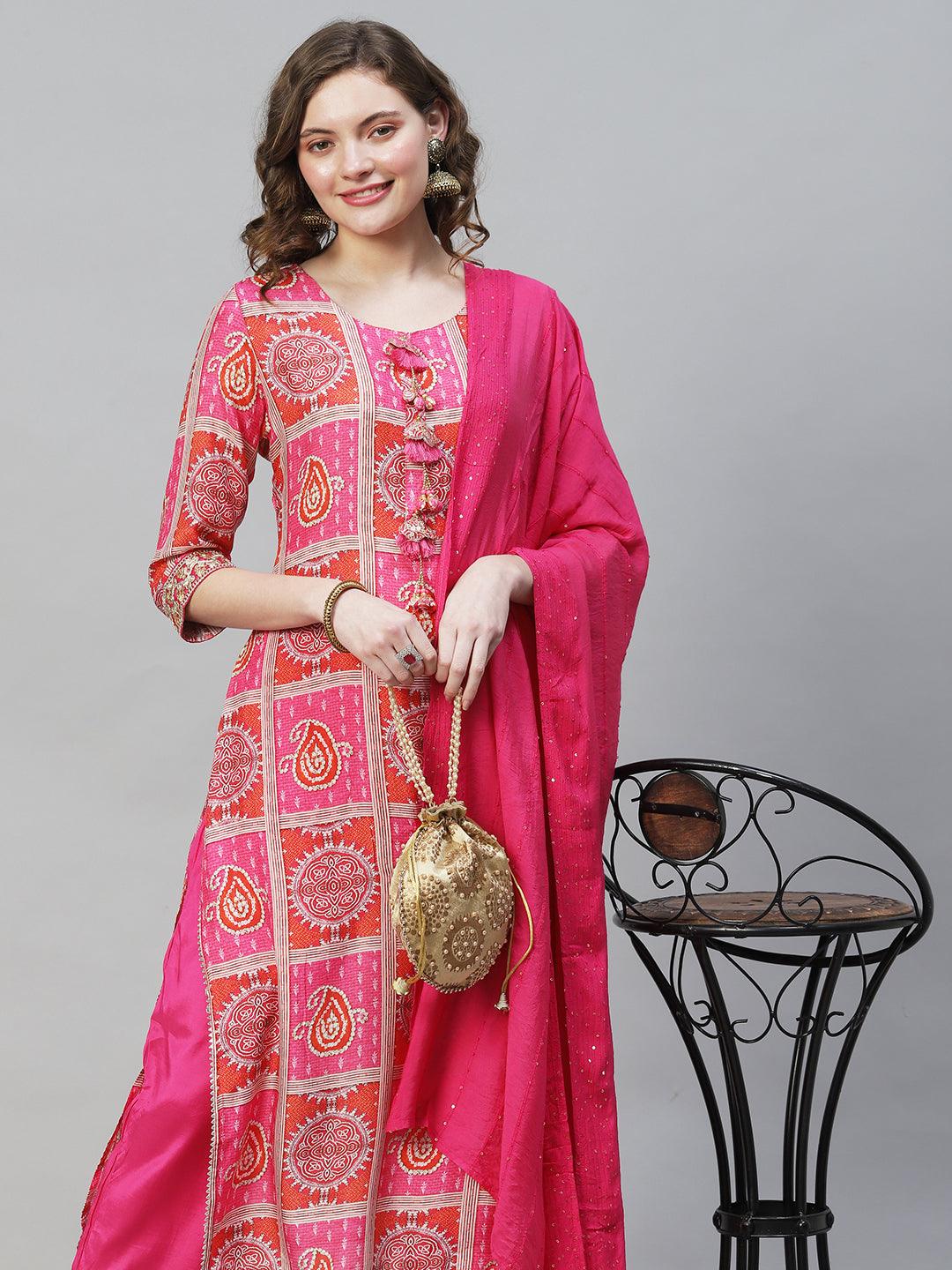 Ethnic Printed & Embroidered Kurta with Pants & Dupatta - Hot Pink - Indiakreations