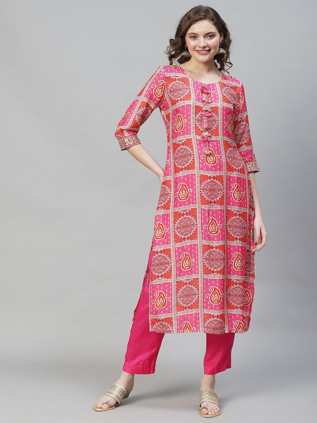 Ethnic Printed & Embroidered Kurta with Pants & Dupatta - Hot Pink - Indiakreations