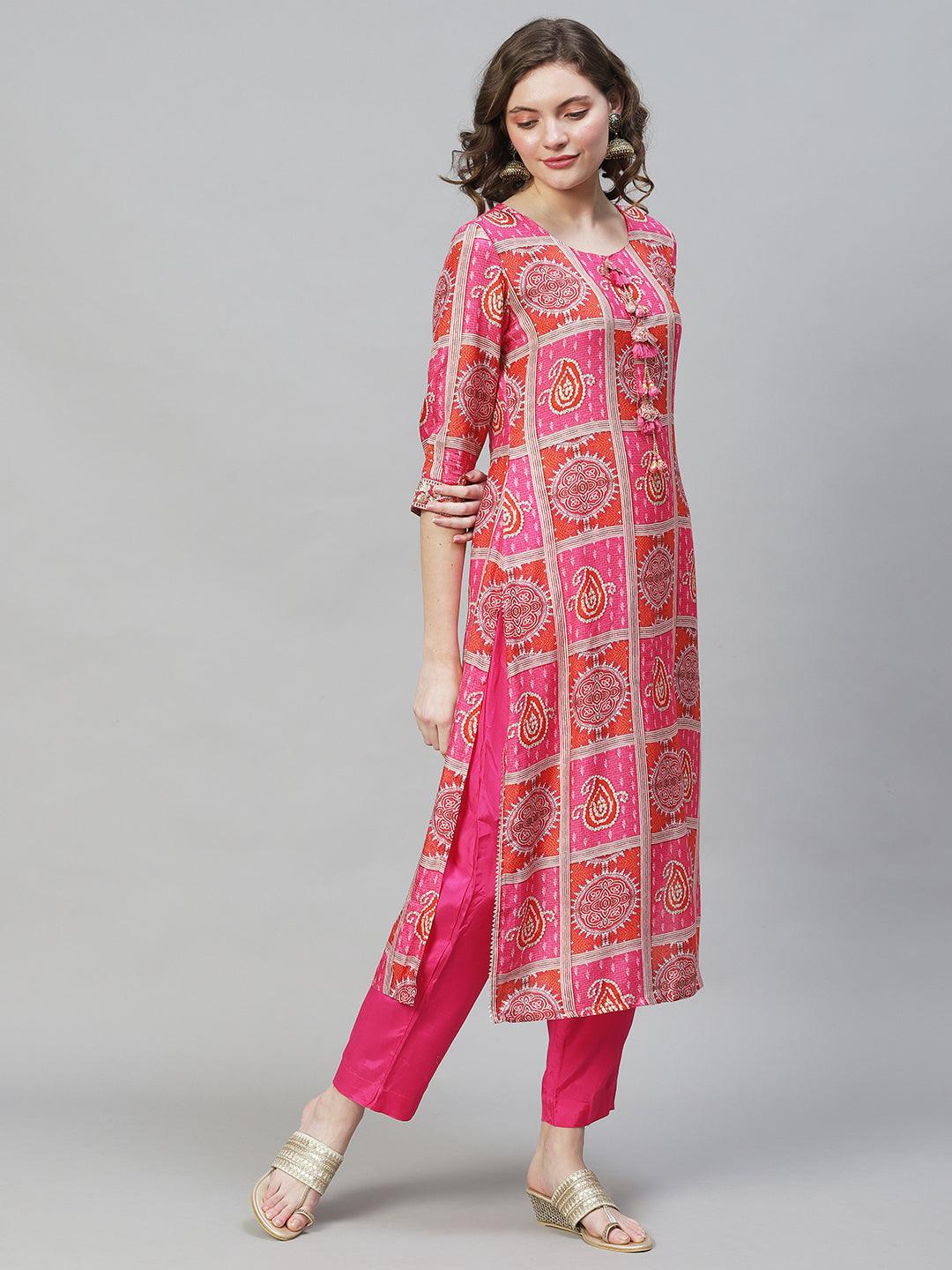 Ethnic Printed & Embroidered Kurta with Pants & Dupatta - Hot Pink - Indiakreations