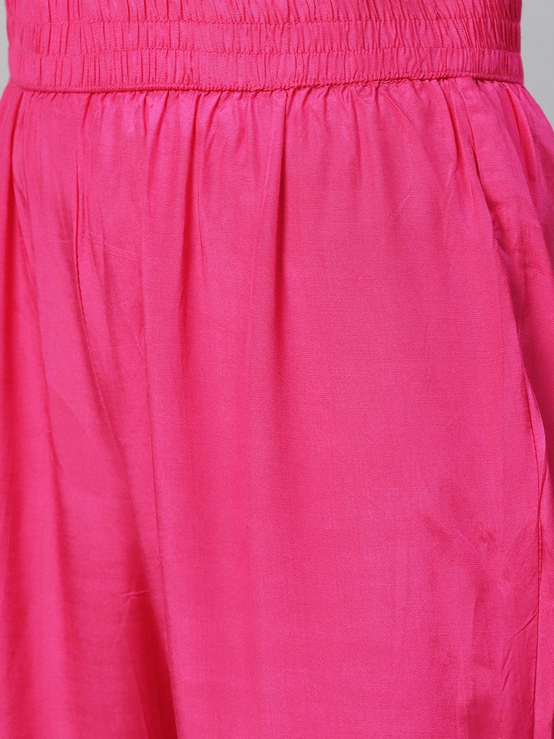 Ethnic Printed & Embroidered Kurta with Pants & Dupatta - Hot Pink - Indiakreations