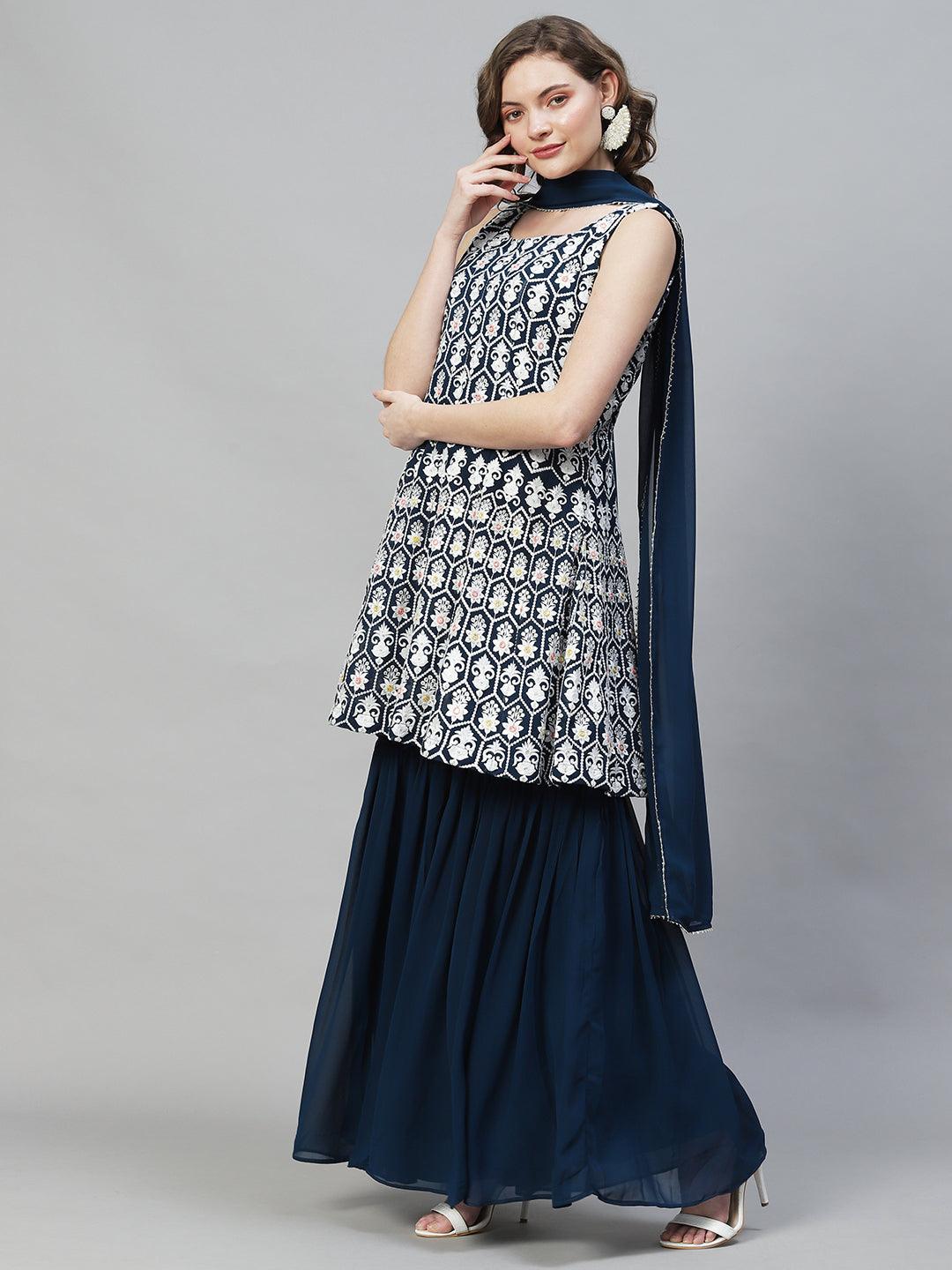 Ethnic Embroidered Anarkali Kurta with Sharara & Dupatta - Teal Blue - Indiakreations