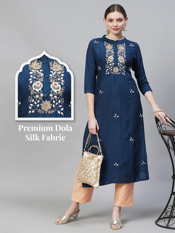 Floral Hand Embroidered Straight Fit Kurta - Teal Blue - Indiakreations