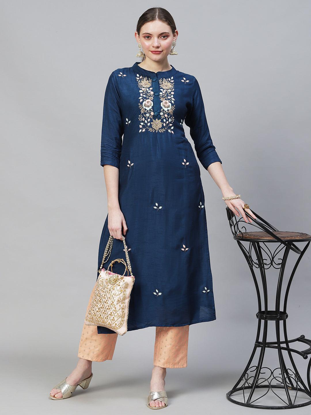 Floral Hand Embroidered Straight Fit Kurta - Teal Blue - Indiakreations