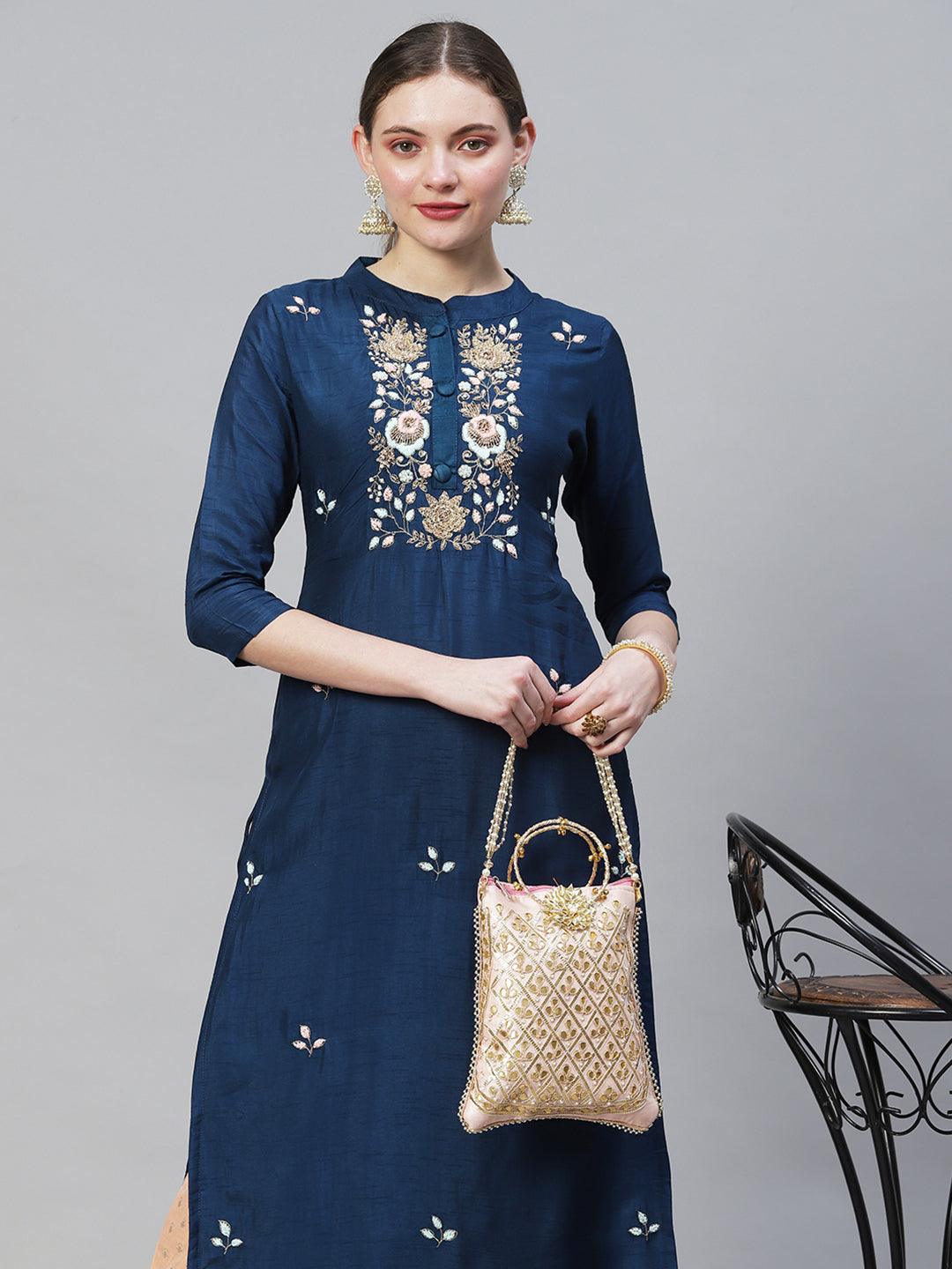 Floral Hand Embroidered Straight Fit Kurta - Teal Blue - Indiakreations