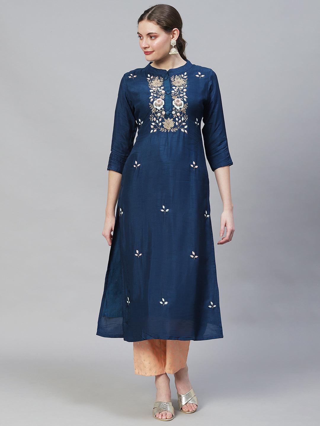 Floral Hand Embroidered Straight Fit Kurta - Teal Blue - Indiakreations