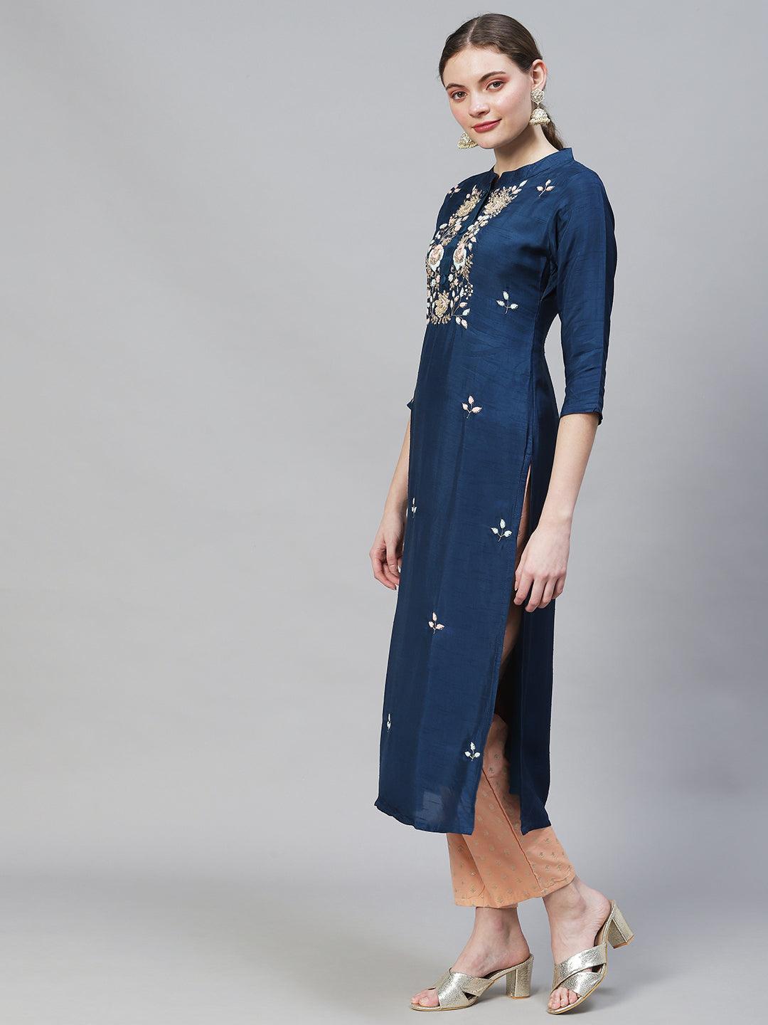 Floral Hand Embroidered Straight Fit Kurta - Teal Blue - Indiakreations