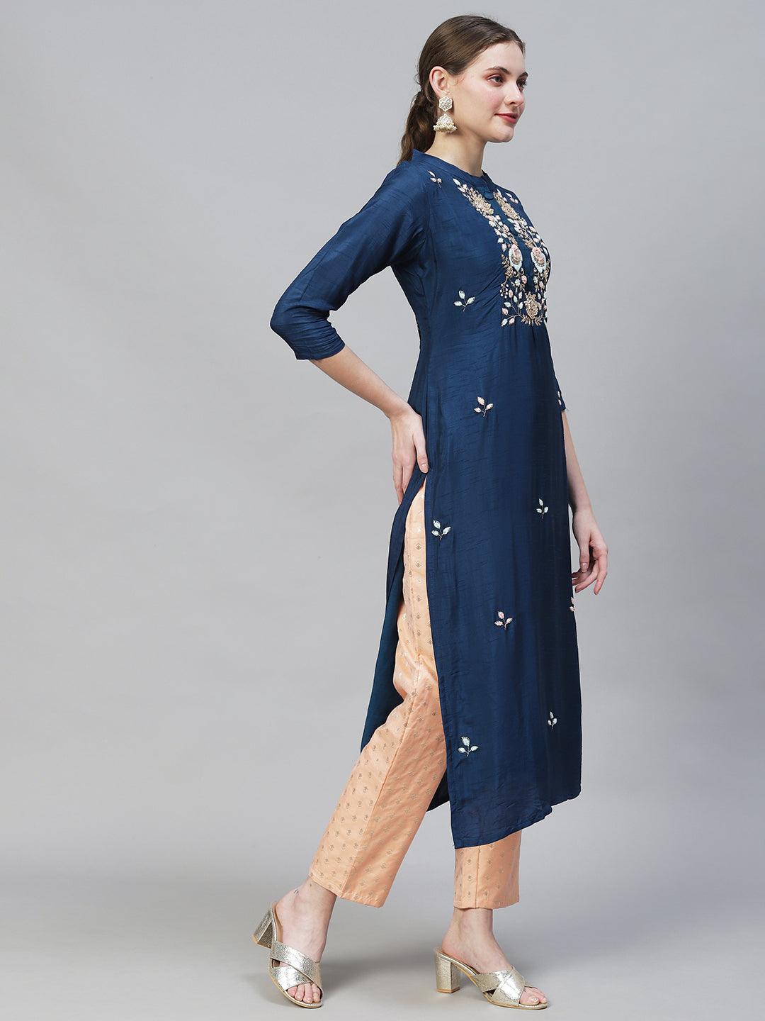 Floral Hand Embroidered Straight Fit Kurta - Teal Blue - Indiakreations